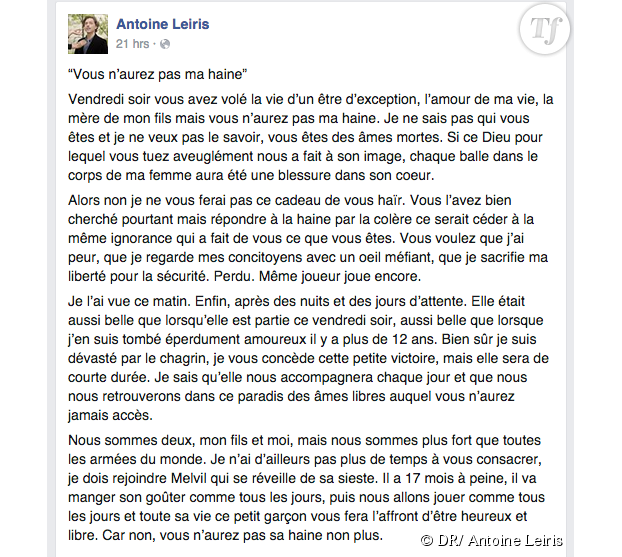 Le message d'Antoine Leiris sur Facebook