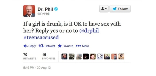 Dr Phil tweet question sex drunk