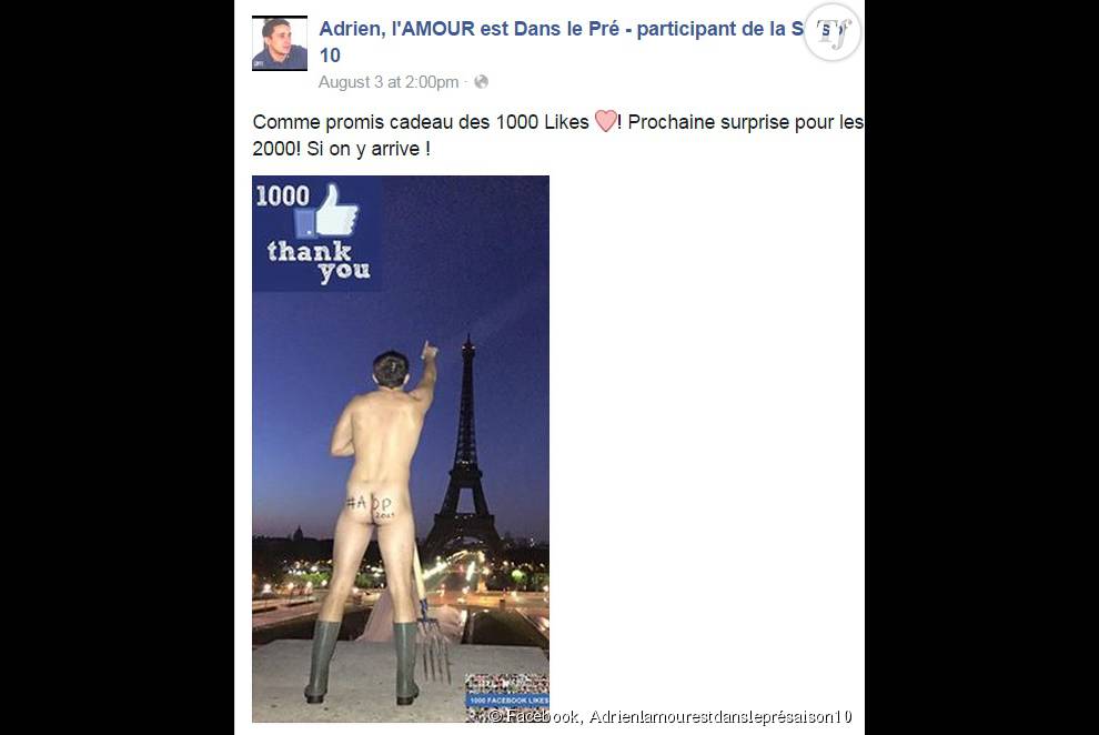 Pour fêter ses 1000 followers sur Facebook, Adrien de &quot;L&#039;amour est dans le pré&quot; saison 10, s&#039;est pris en photo tout nu devant la tour Eiffel.