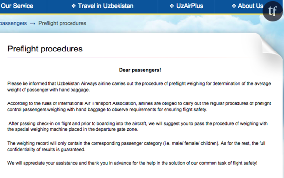 Uzbekistan Airways demande à ses passagers de se soumettre à une pesée réglementaire avant d'embarquer...