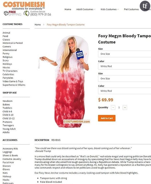 La boutique de déguisement en ligne Costumeish s'est amusée à commercialiser un maxi tampon ensanglanté pour parodier la réflexion sexiste de Donald Trump à la journaliste Megyn Kelly....