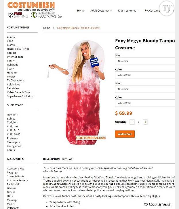 La boutique de déguisement en ligne Costumeish s'est amusée à commercialiser un maxi tampon ensanglanté pour parodier la réflexion sexiste de Donald Trump à la journaliste Megyn Kelly....