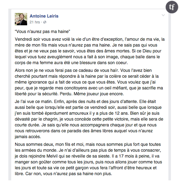 Le message d'Antoine Leiris sur Facebook