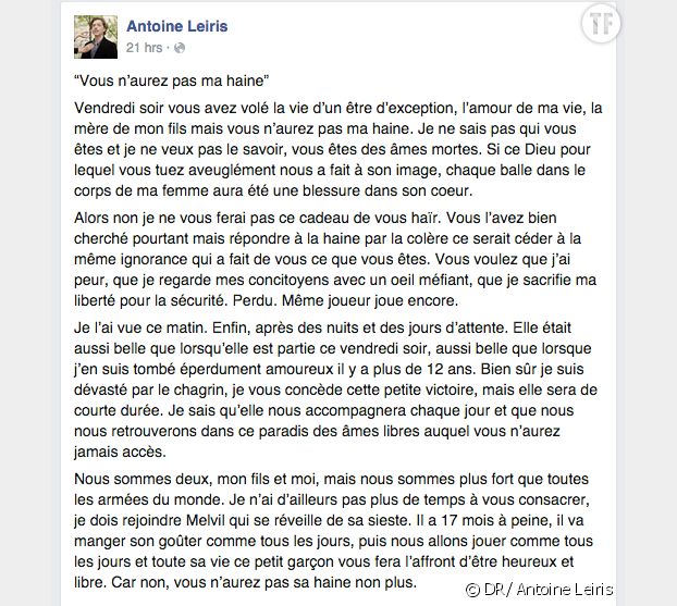 Le message d'Antoine Leiris sur Facebook