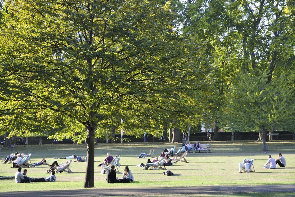 Des gens se relaxent à Hyde Park à Londres en plein été