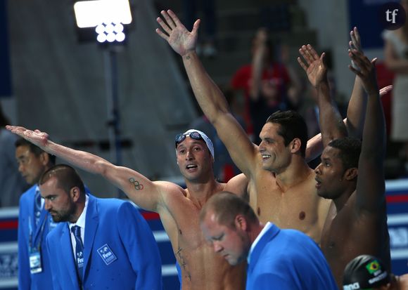 Les nageurs français Jérémy Stravius, Florent Manaudou et Mehdy Metella