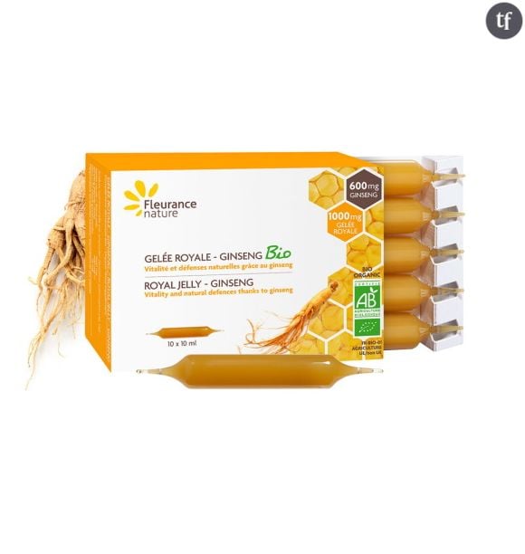 Ampoules de gelée royale et ginseng bio - 12,30€ la boîte de 10 ampoules pour 10 jours.