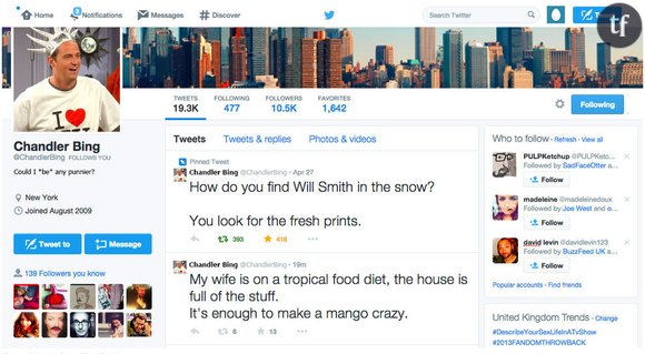 Chandler Bing teste ses vannes sur Twitter.