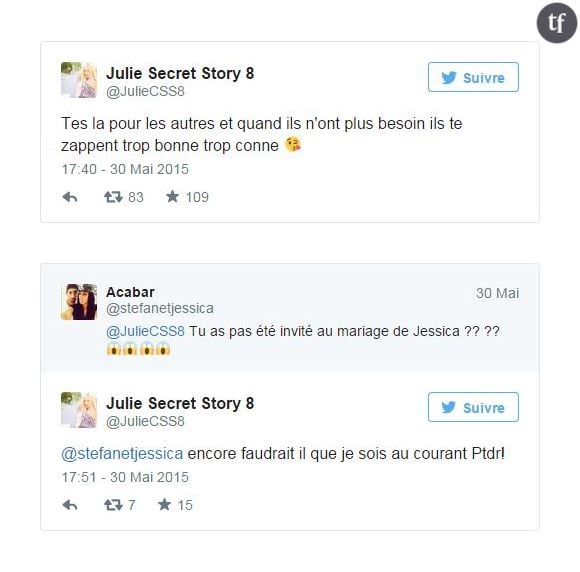 Les publications sur Twitter de Julie en apprenant que sa pote Jess' s'était mariée.