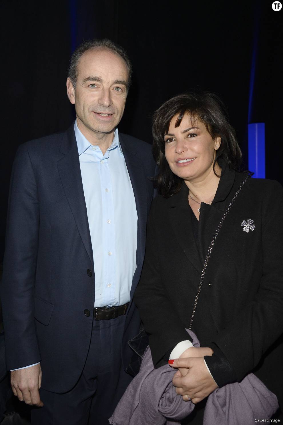  Exclusif - Jean-François Copé et sa femme Nadia - Les coulisses de à la 3ème Nuit de la Déprime aux Folies Bergère à Paris le 9 février 2015.  