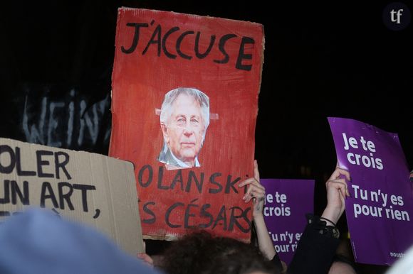 Manifestation contre la nomination de Roman Polanski avant la 45ème cérémonie des César à Paris, le 28 février 2020.