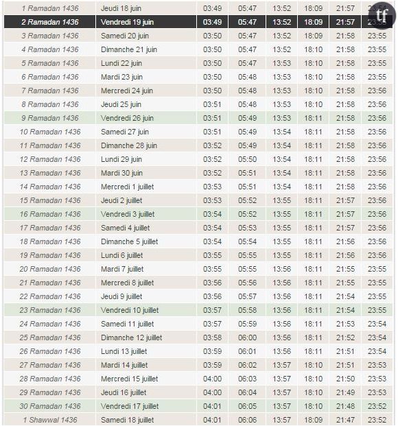 Le calendrier du Ramadan 2015 pour la ville de Paris