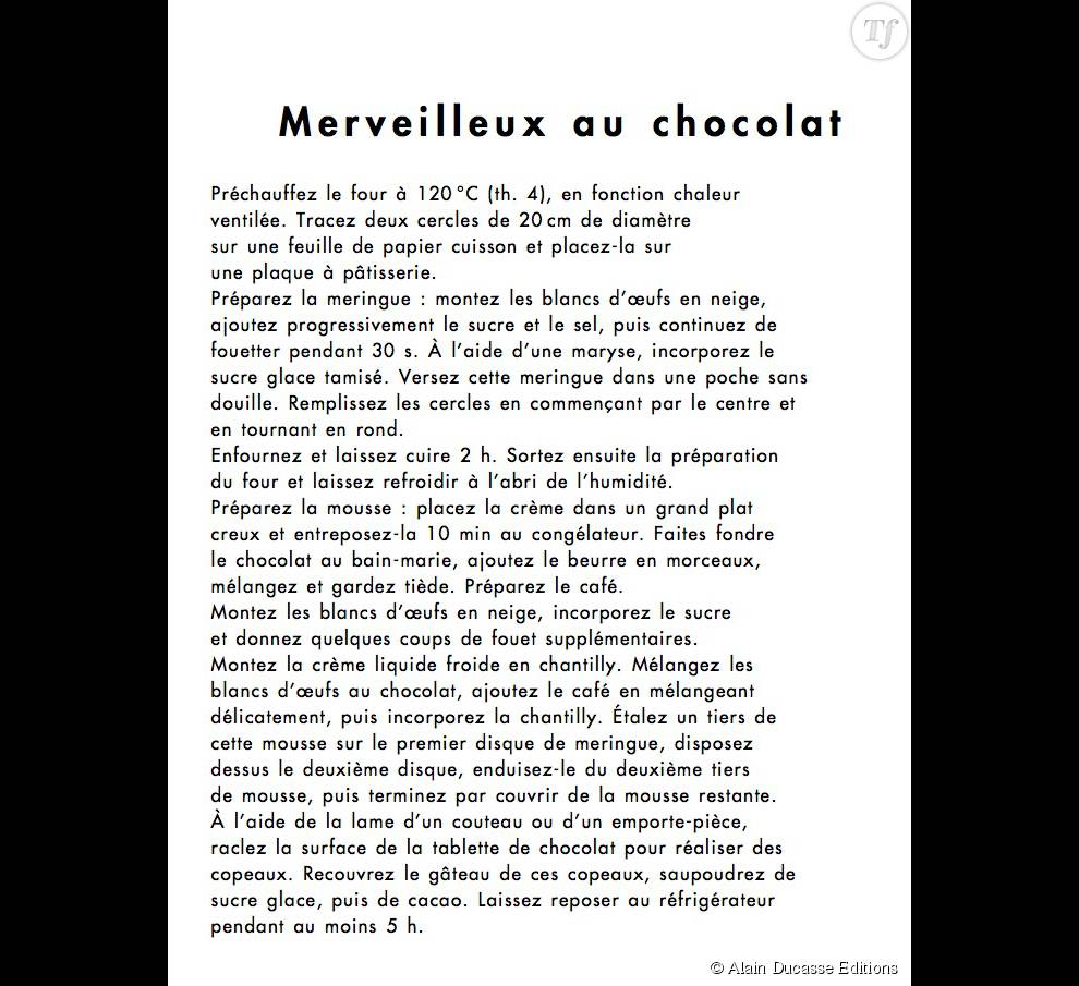 Recette du merveilleux au chocolat tirée de &quot;All my Best Desserts&quot; paru chez Alain Ducasse Edition
