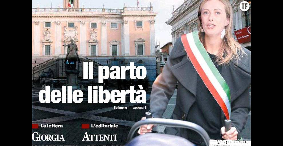 En Une du journal Il Tempo, un photomontage de   Giorgia Meloni la mettant en scène derrière une poussette, habillée d&#039;une écharpe de maire  