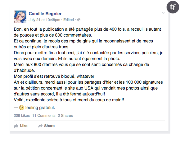 Le poste de Camille Regnier pour remercier les internautes