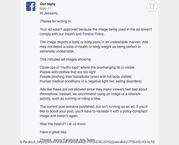 La lettre de refus envoyée par Facebook à Jessamy Gleeson