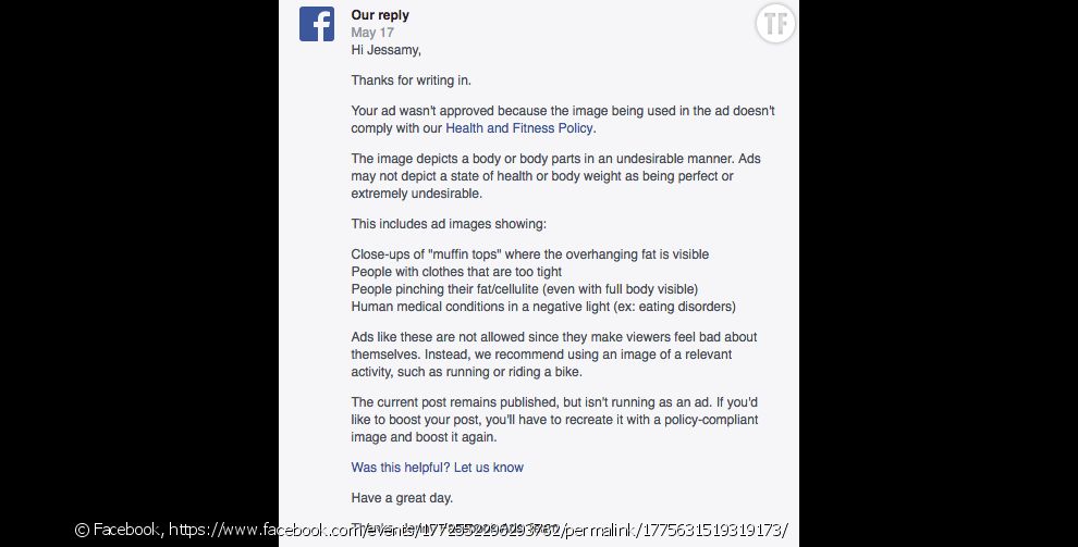 La lettre de refus envoyée par Facebook à Jessamy Gleeson