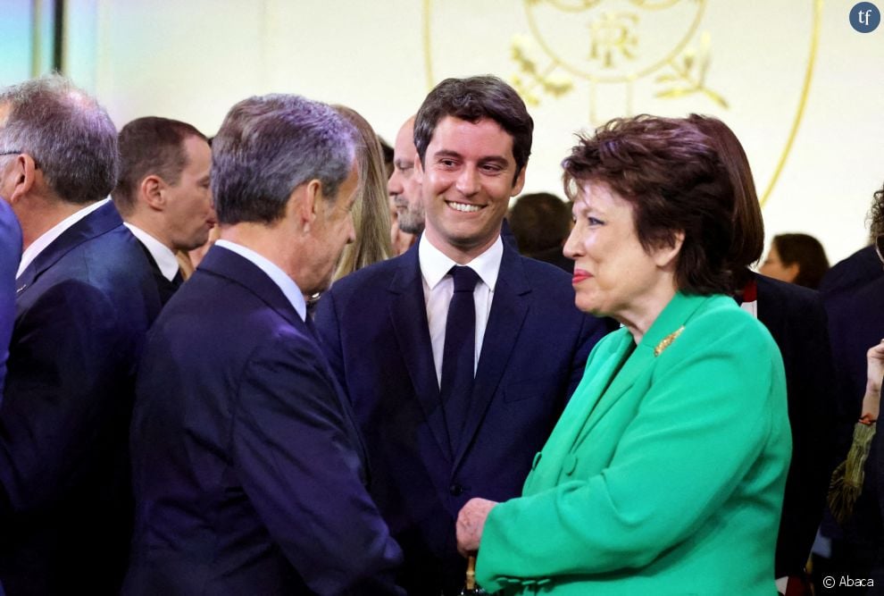  Roselyne Bachelot avec Nicolas Sarkozy et Gabriel Attal à l&#039;Elysée pour l&#039;investiture d&#039;Emmanuel Macron le 7 mai 2022 