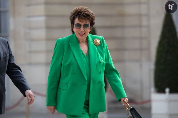 Roselyne Bachelot en talleur vert à l'Elysée pour l'investiture d'Emmanuel Macron le 7 mai 2022