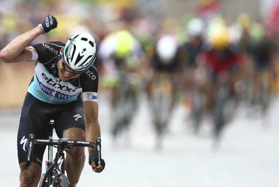 Tony Martin, vainqueur d'étape et maillot jaune du Tour, à l'arrivée de l'étape entre Seraing et Cambrai.