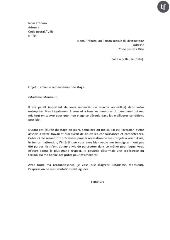 Lettre de remerciement stage 3ème : modèle