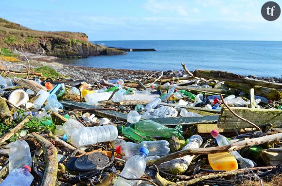 Bouteilles en plastique et autres déchets échoués sur une plage du comté de Cork, en Irlande.