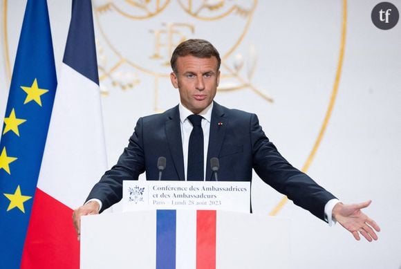 Le Président Emmanuel Macron lors de la conférence des ambassadeurs au palais de l'Élysée à Paris, le 28 août 2023.