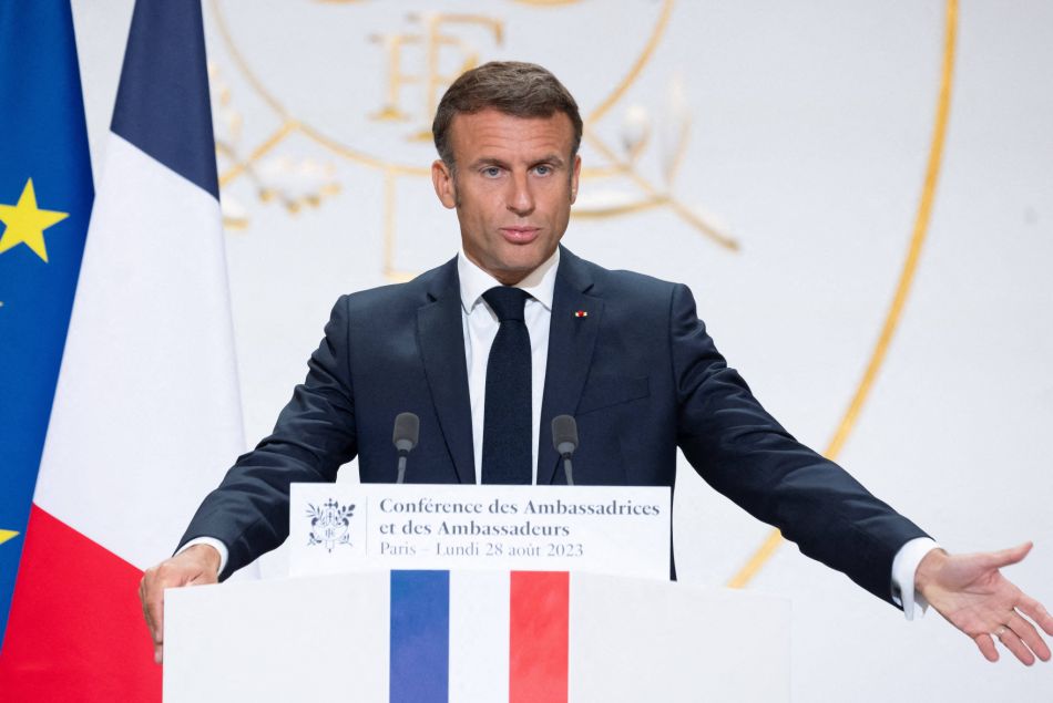 Le Président Emmanuel Macron lors de la conférence des ambassadeurs au palais de l'Élysée à Paris, le 28 août 2023.