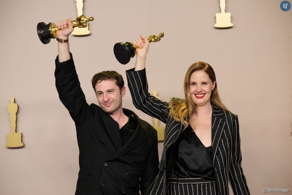 Arthur Harari, Justin Tryat (Oscar for Best Screenplay for Anatomy of a Fall) - Photocall (press room) of winners at the 96th Academy Awards at the Dolby Theater in Hollywood on March 10, 2024.   