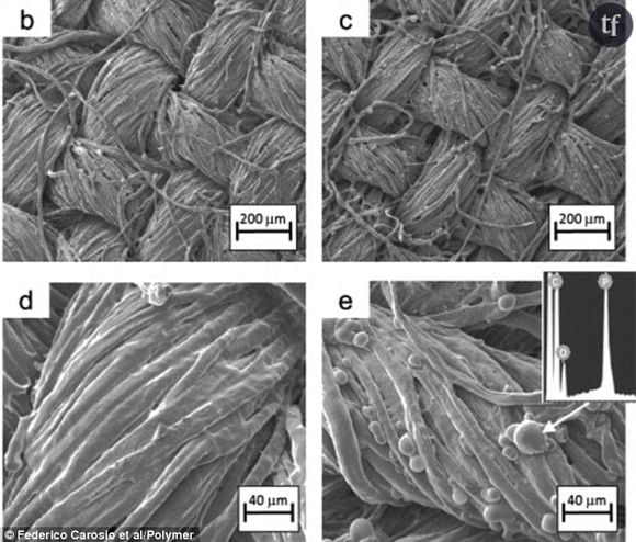 La formation du manteau de protection de l'ADN : avant ccombution (images b et c) et après combustion (images d et e).