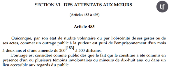 L'article 483 section VI du Code Pénal du Maroc, qui punit l'outrage public à la pudeur.