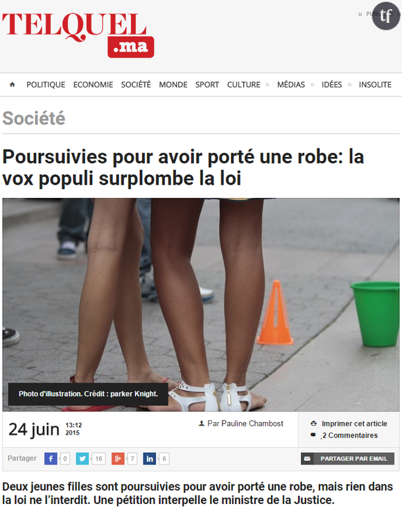 L'article consacré par le site marocain Tel Quel à l'affaire des deux jeunes femmes arrêtées dans la ville d'Inezgane.