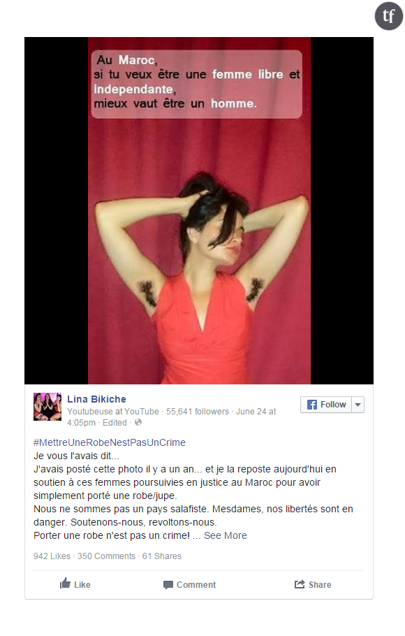 La photo postée par Lina Bikiche en réaction à l'affaire des femmes en robe.