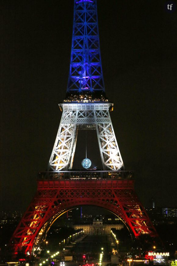 Shepard Fairey, dit Obey, le célèbre street artiste américain, mondialement connu pour le poster HOPE de Barack Obama et le mouvement de street-art Obey Giant, a dévoilé une sphère géante, suspendue entre le premier et le deuxième étage de la Tour Eiffel, à l'occasion de la conférence de Paris de 2015 sur le climat (COP21). Le 20 novembre 2015 © Céline Bonnarde / Bestimage 