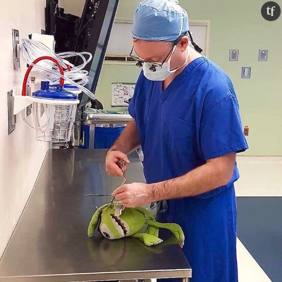 Un médecin effectuant un acte chirurgical sur une peluche