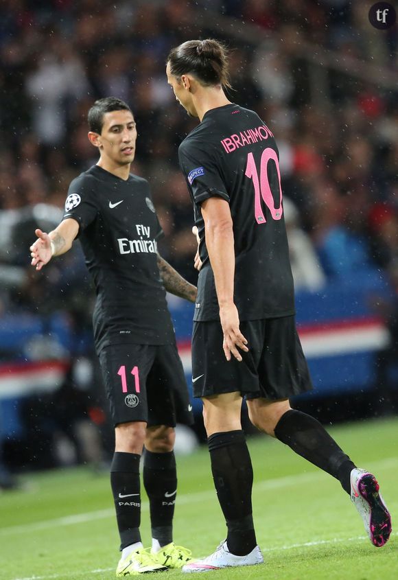  Zlatan Ibrahimovic et Angel Di Maria - Match de Ligue des Champions Psg-Malmo au Parc des Princes à Paris le 15 septembre 2015. 