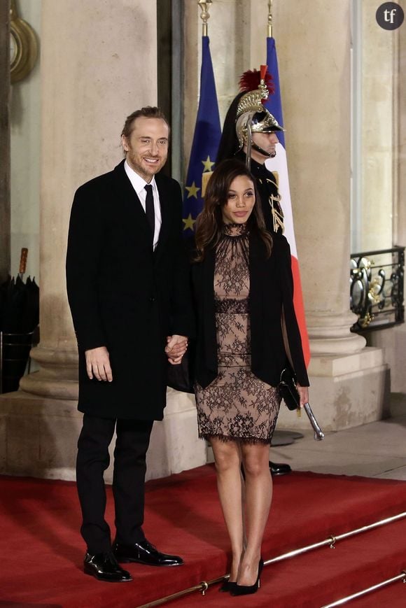  Le DJ David Guetta et sa compagne Jessica Ledon arrivent au dîner d'état donné en l'honneur du président cubain Raul Castro au palais de l'Elysée à Paris, le 1er février 2016. © Stéphane Lemouton/Bestimage 