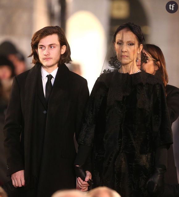 Céline Dion et son fils René-Charles Angélil - Sorties des obsèques nationales de René Angélil en la Basi­lique Notre-Dame de Montréal, le 22 janvier 2016.© Morgan Dessales/Bestimage 