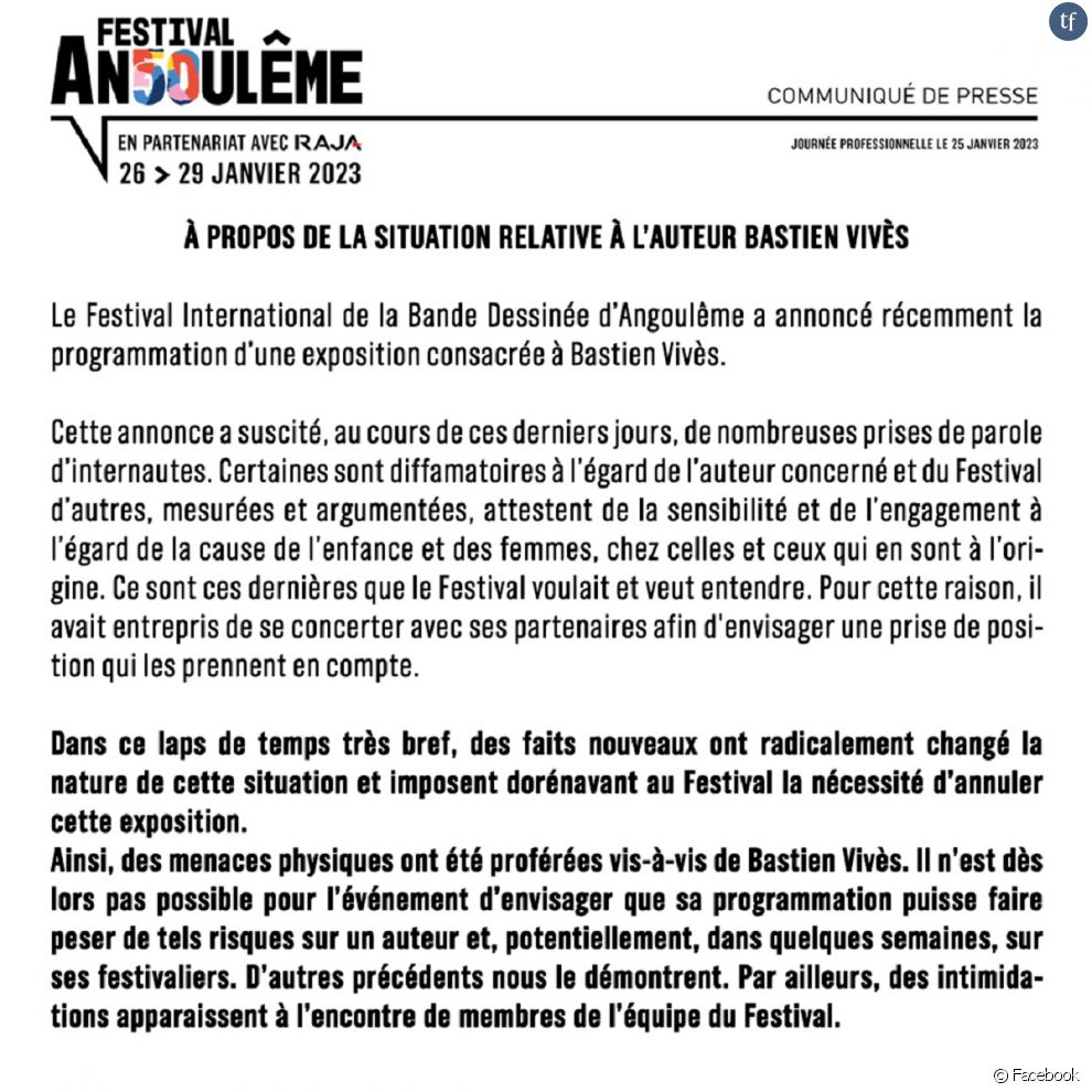  Dans son communiqué de presse, le Festival International de la Bande Dessinée d&#039;Angoulême tient cependant à défendre l&#039;artiste : &quot;l&#039;oeuvre de Bastien Vivès, dans son ensemble, relève de la liberté d&#039;expression&quot; 
