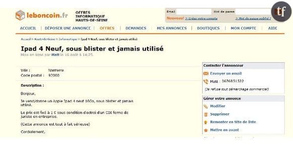 Leboncoin : il propose un iPad neuf en échange d'un CDI