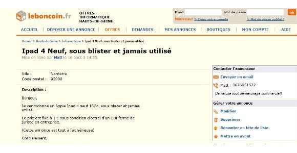 Leboncoin : il propose un iPad neuf en échange d'un CDI