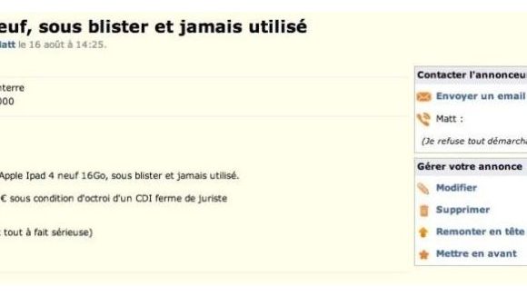 Le Bon Coin : une annonce buzz pour un iPad contre un boulot en CDI