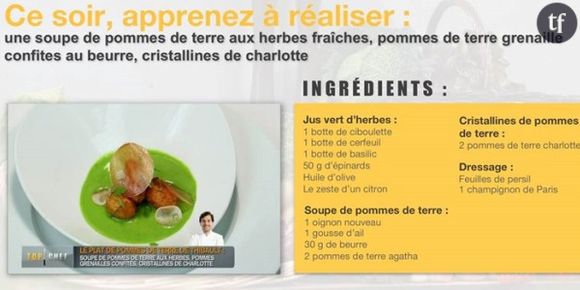 Top Chef 2014 : recette de la soupe de pommes de terre aux herbes de Thibault