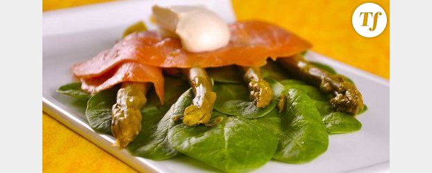 Assiette de saumon mariné, asperges vertes et vitelottes