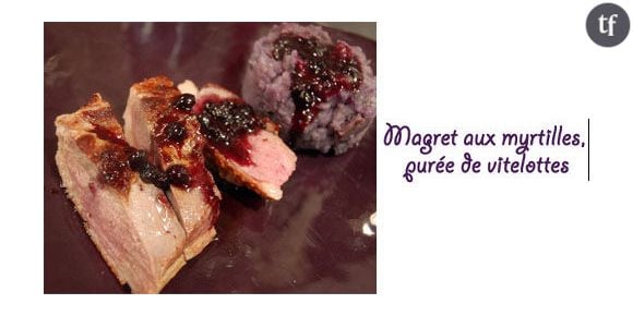 Magrets aux myrtilles, purée de vitelottes