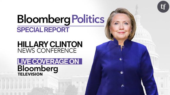 Visuel de Bloomberg pour la conférence de presse d'Hillary Clinton.