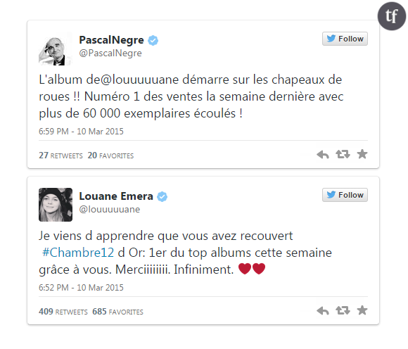 Les tweets de Pascal Nègre et Louane Emera