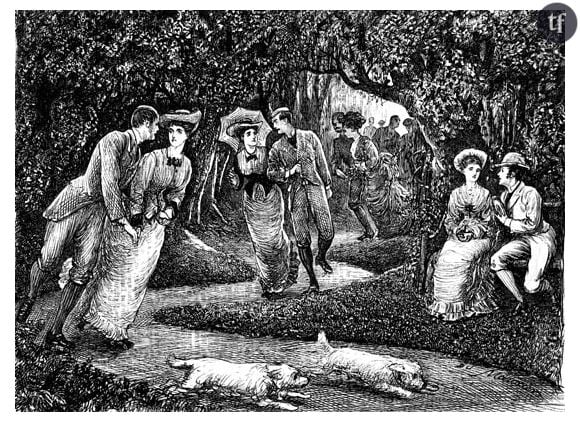 Des couples victoriens faisant du roller dans un parc, illustration de George du Maurier, 1876.