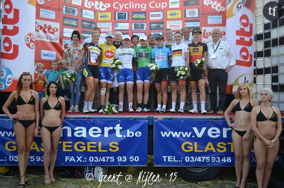 Le podium sexiste de l'arrivée du Flanders Diamond Tour, dimanche 14 juin, une course professionnelle de cyclisme féminin.