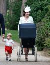  Le prince William, Catherine Kate Middleton, la duchesse de Cambridge, leur fils le prince George de Cambridge et leur fille la princesse Charlotte de Cambridge - Sorties après le baptême de la princesse Charlotte de Cambridge à l'église St. Mary Magdalene à Sandringham, le 5 juillet 2015.  